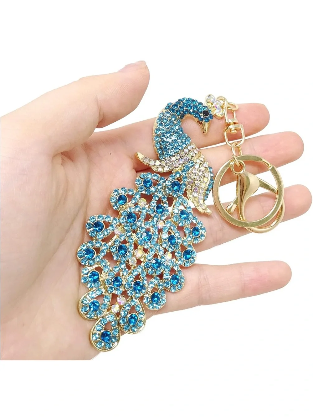 Gold-Tone Peacock Pendant Keychain with Blue Crystal Accents